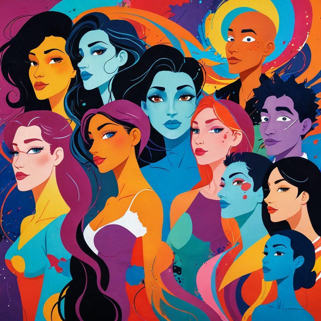 A mesmerizing collage of adult cartoon characters intertwined with artistic elements, showcasing a blend of sensuality and creativity. The scene features vibrant and playful colors, emphasizing the fluid lines and exaggerated proportions typical of adult cartoons. Include elements like paint splashes and dynamic brush strokes to enhance the artistic flair. The background should be a whimsical blend of abstract shapes and soft gradients. super-realistic. vibrant colors. abstract elements.